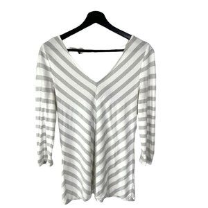 White House Black Market White Silver Stripe Long Sleeve Top Small